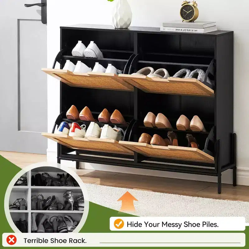 Meuble à chaussures fin avec 4 portes abattantes, peut contenir 20 à 22 paires de chaussures. Hauteur des étagères réglable avec protection anti-basculement.