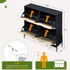 Meuble à chaussures fin avec 4 portes abattantes, peut contenir 20 à 22 paires de chaussures. Hauteur des étagères réglable avec protection anti-basculement.