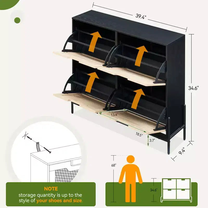Meuble à chaussures fin avec 4 portes abattantes, peut contenir 20 à 22 paires de chaussures. Hauteur des étagères réglable avec protection anti-basculement.