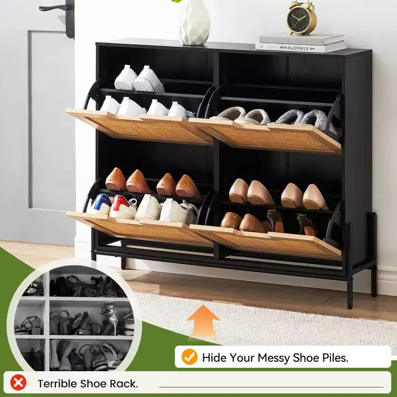 Meuble à chaussures fin avec 4 portes abattantes, peut contenir 20 à 22 paires de chaussures. Hauteur des étagères réglable avec protection anti-basculement.