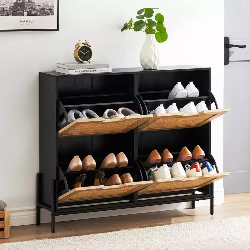 Slim shoe cabinet with 4 flip-top doors, accommodates 20-22 pairs of shoes. Adjustable shelf height with anti-tip protection.