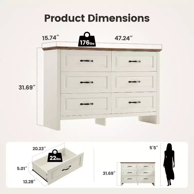 Commode 6 tiroirs pour chambre à coucher, 120 cm avec texture naturelle, grands tiroirs, commode de style rustique pour chambre à coucher, salon, couloir