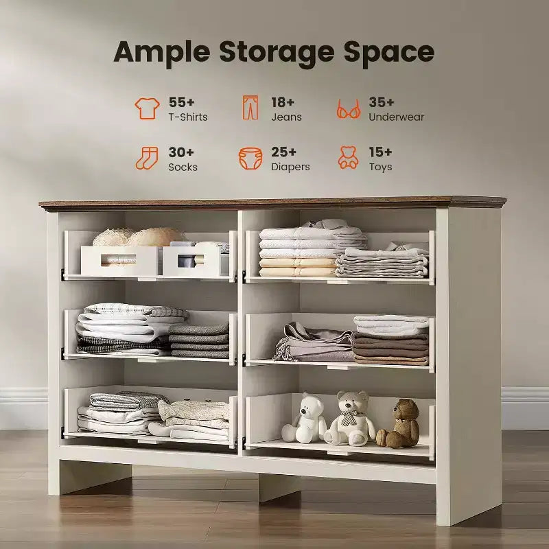 Commode 6 tiroirs pour chambre à coucher, 120 cm avec texture naturelle, grands tiroirs, commode de style rustique pour chambre à coucher, salon, couloir
