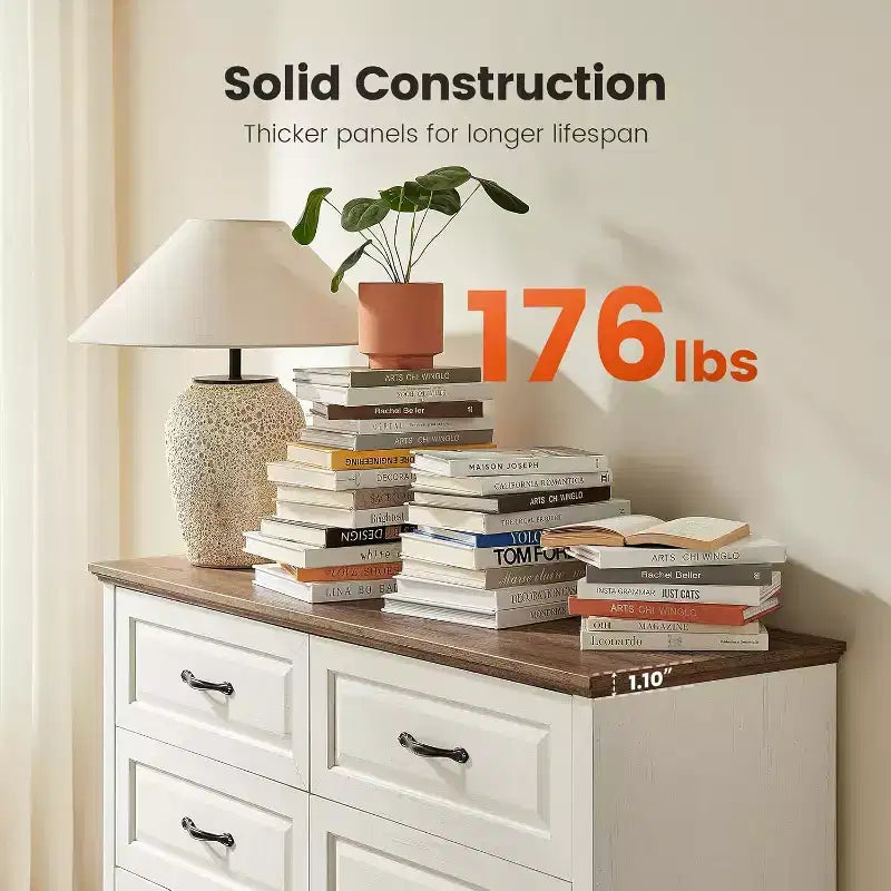 Commode 6 tiroirs pour chambre à coucher, 120 cm avec texture naturelle, grands tiroirs, commode de style rustique pour chambre à coucher, salon, couloir