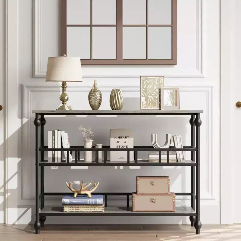 Table console étroite de 109 cm, Table console avec rangement, Table console étroite d'entrée à 3 niveaux avec étagères, Table d'appoint industrielle en bois, pour chambre à coucher