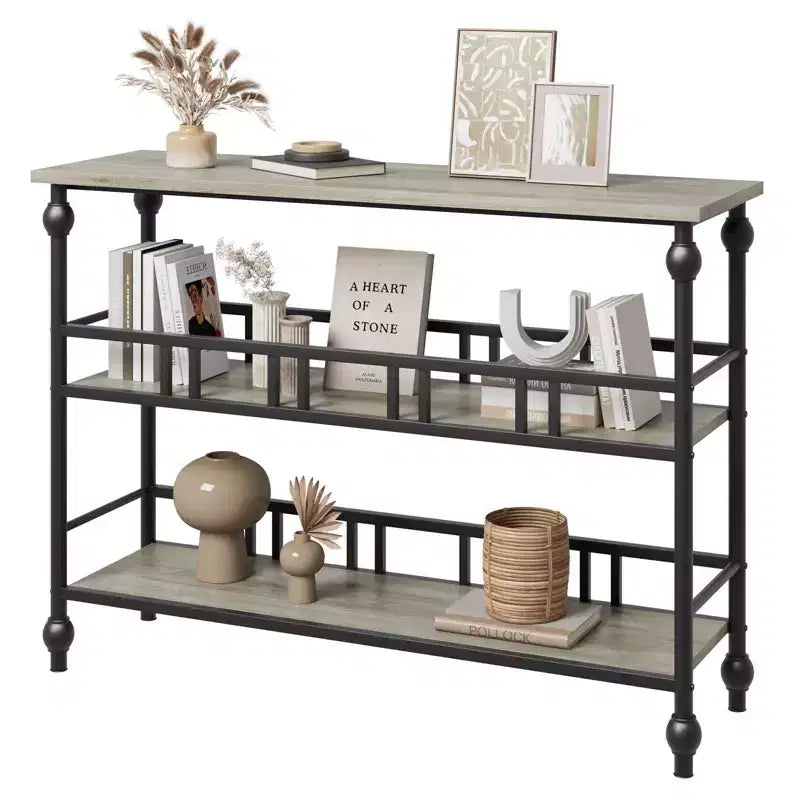 Table console étroite de 109 cm, Table console avec rangement, Table console étroite d'entrée à 3 niveaux avec étagères, Table d'appoint industrielle en bois, pour chambre à coucher