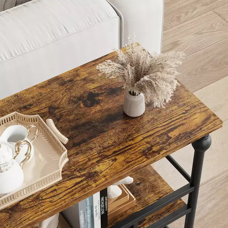 Table console étroite de 109 cm, Table console avec rangement, Table console étroite d'entrée à 3 niveaux avec étagères, Table d'appoint industrielle en bois, pour chambre à coucher
