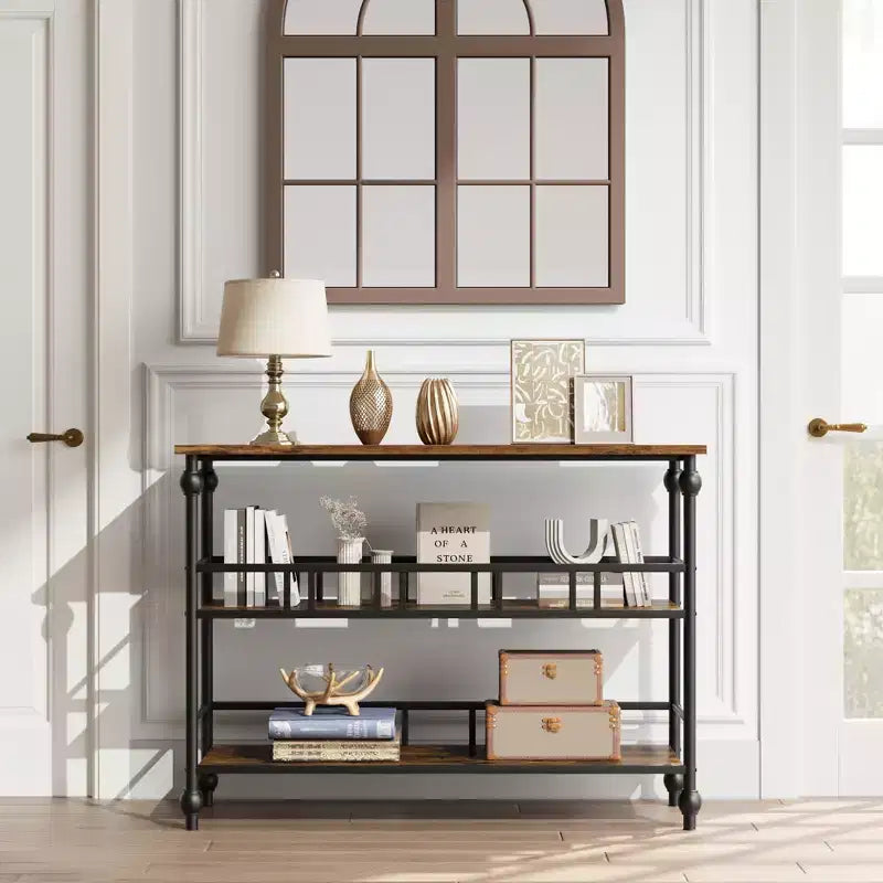 Table console étroite de 109 cm, Table console avec rangement, Table console étroite d'entrée à 3 niveaux avec étagères, Table d'appoint industrielle en bois, pour chambre à coucher