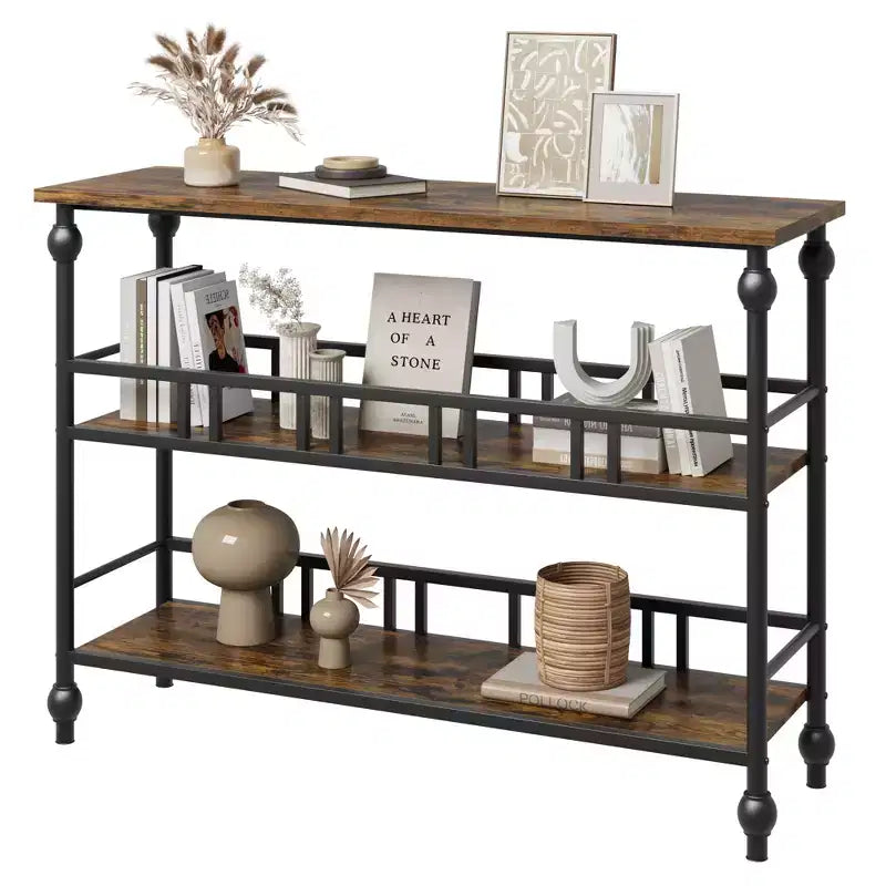 Table console étroite de 109 cm, Table console avec rangement, Table console étroite d'entrée à 3 niveaux avec étagères, Table d'appoint industrielle en bois, pour chambre à coucher