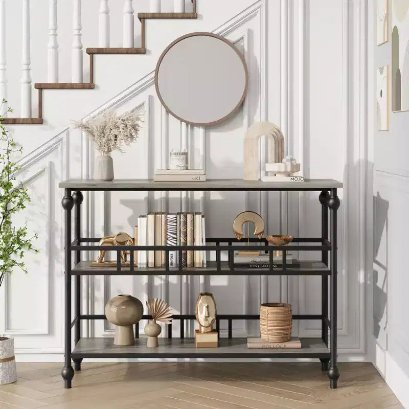 Table console étroite de 109 cm, Table console avec rangement, Table console étroite d'entrée à 3 niveaux avec étagères, Table d'appoint industrielle en bois, pour chambre à coucher