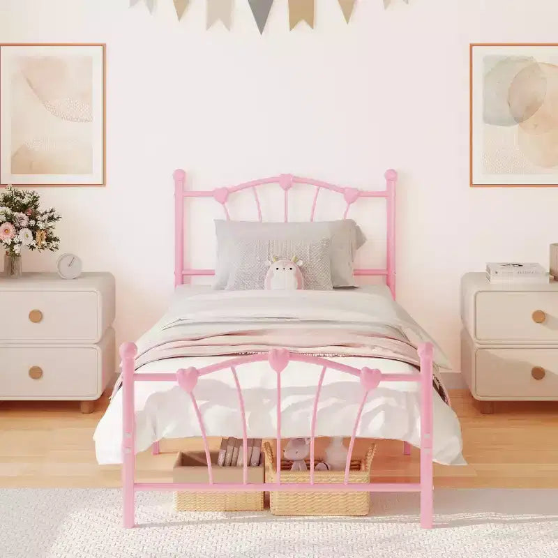 Cadre de lit simple, plateforme en métal de taille simple avec tête de lit en forme de cœur, rangement sous le lit de 11,5 pouces, pas besoin de sommier tapissier, silencieux et facile à assembler
