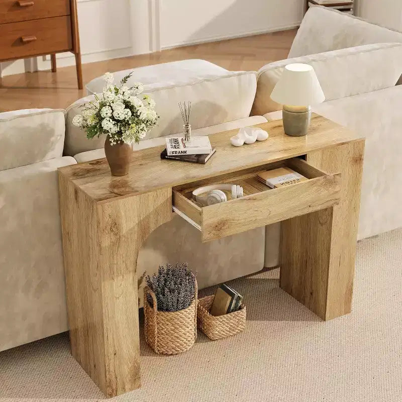 Console étroite de 119 cm avec tiroir, table de console de style ferme, table basse derrière le canapé, pour entrée, salon, foyer, chambre