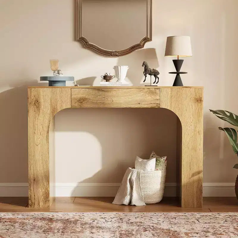Console étroite de 119 cm avec tiroir, table de console de style ferme, table basse derrière le canapé, pour entrée, salon, foyer, chambre