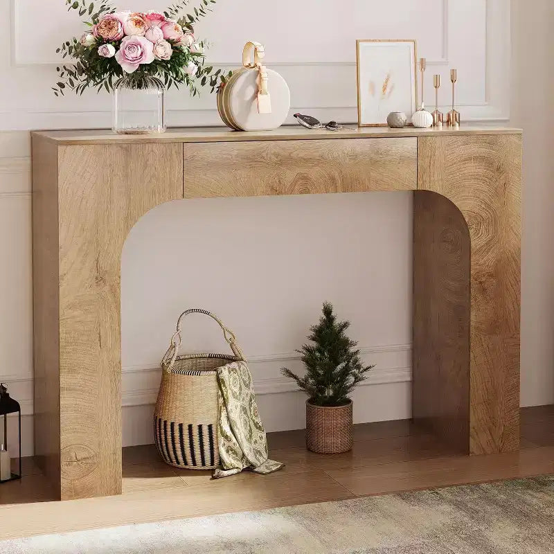 Console étroite de 119 cm avec tiroir, table de console de style ferme, table basse derrière le canapé, pour entrée, salon, foyer, chambre