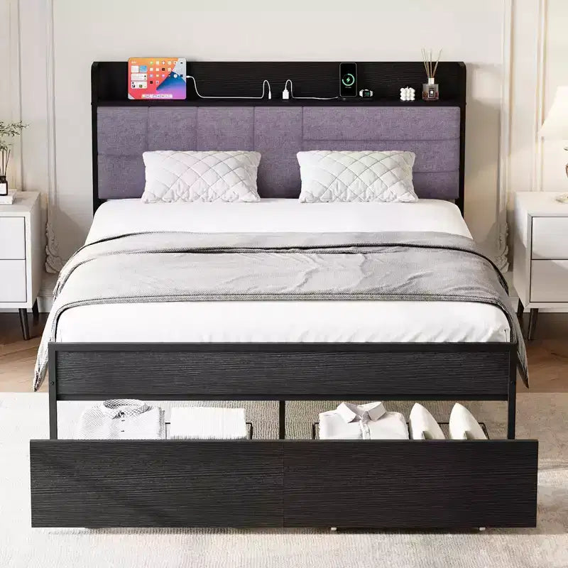 Queen Bed Frame with Storage Drawers & Charging Station, Upholstered Headboard Platform Bed, 800LB Capacity, No Box Spring Needed, Grey & Black