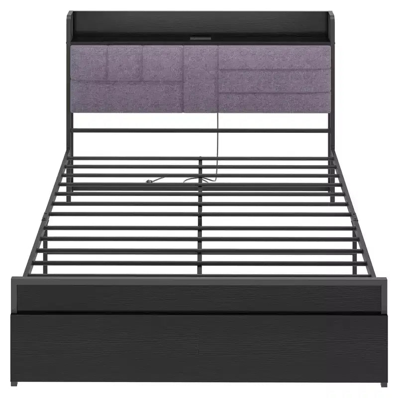 Lit Queen avec tiroirs de rangement et station de charge, lit plateforme avec tête de lit capitonnée, capacité de 360 kg, pas besoin de sommier, gris et noir