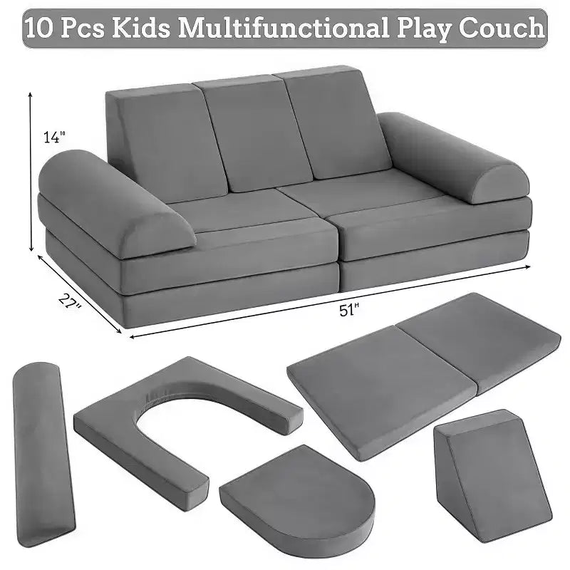 Canapé modulable en velours rembourré GustoWave 10 pièces pour enfants, canapé de jeu en mousse pour tout-petits, mobilier de salle de jeux convertible pour enfants, gris
