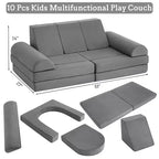 Canapé modulable en velours rembourré GustoWave 10 pièces pour enfants, canapé de jeu en mousse pour tout-petits, mobilier de salle de jeux convertible pour enfants, gris