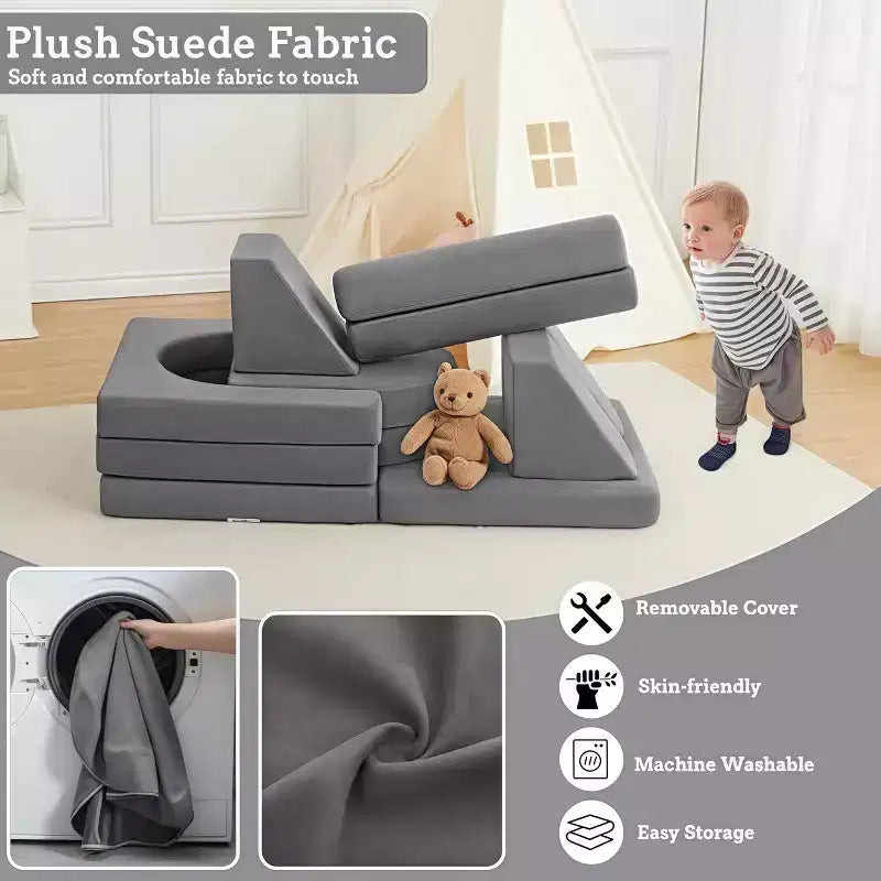 Canapé modulable en velours rembourré GustoWave 10 pièces pour enfants, canapé de jeu en mousse pour tout-petits, mobilier de salle de jeux convertible pour enfants, gris