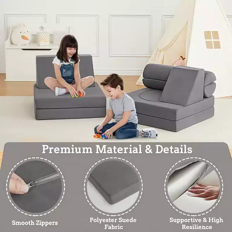 Canapé modulable en velours rembourré GustoWave 10 pièces pour enfants, canapé de jeu en mousse pour tout-petits, mobilier de salle de jeux convertible pour enfants, gris