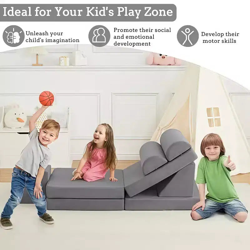 Canapé modulable en velours rembourré GustoWave 10 pièces pour enfants, canapé de jeu en mousse pour tout-petits, mobilier de salle de jeux convertible pour enfants, gris