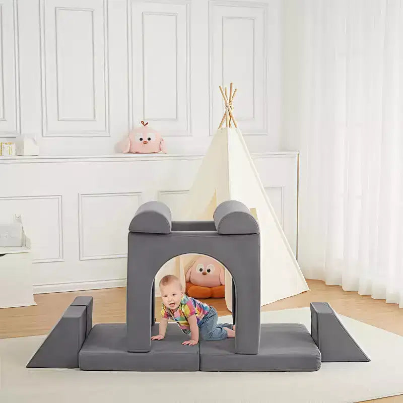 Canapé modulable en velours rembourré GustoWave 10 pièces pour enfants, canapé de jeu en mousse pour tout-petits, mobilier de salle de jeux convertible pour enfants, gris