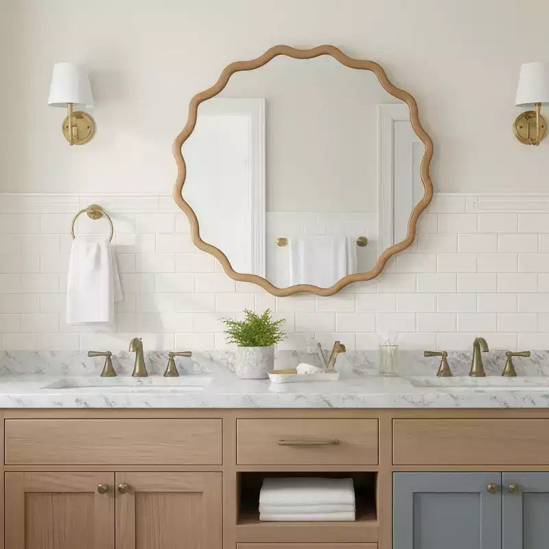 PexFix 36 Miroir décoratif rond ondulé avec cadre en bois massif Miroir mural moderne de style ferme pour chambre à coucher, salle de bain, salon, entrée Bois naturel