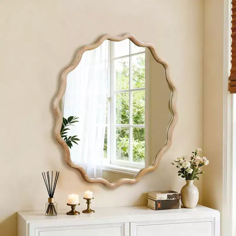 PexFix 36 Miroir décoratif rond ondulé avec cadre en bois massif Miroir mural moderne de style ferme pour chambre à coucher, salle de bain, salon, entrée Bois naturel