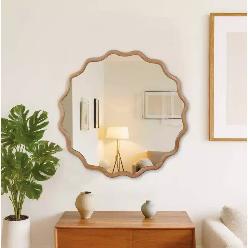 PexFix 36 Miroir décoratif rond ondulé avec cadre en bois massif Miroir mural moderne de style ferme pour chambre à coucher, salle de bain, salon, entrée Bois naturel