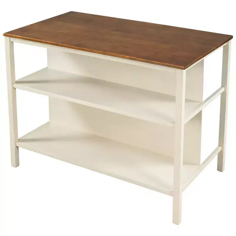 Îlot de cuisine rustique fixe Okak avec bloc de boucher en hévéa, chariot de cuisine avec 2 étagères ouvertes, table d'îlot de cuisine pour petit espace, Noyer