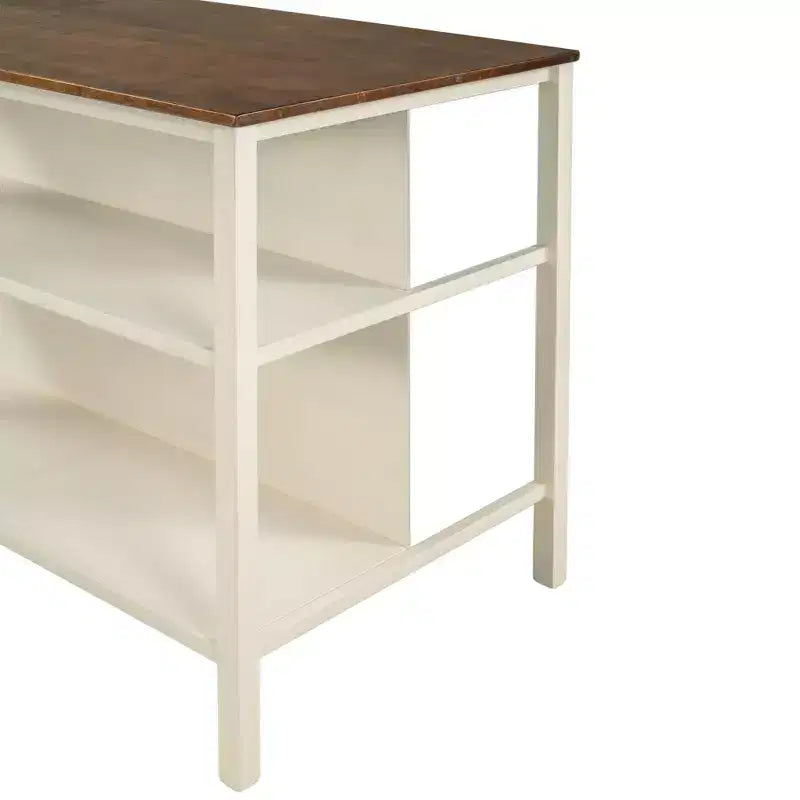 Îlot de cuisine rustique fixe Okak avec bloc de boucher en hévéa, chariot de cuisine avec 2 étagères ouvertes, table d'îlot de cuisine pour petit espace, Noyer
