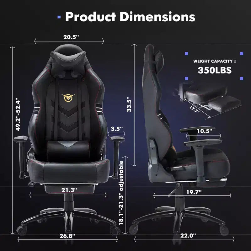 Chaise de jeu ergonomique à dossier haut Okak avec coussin appui-nuque amovible, chaise d'ordinateur avec assise rembourrée et support lombaire, chaise confortable pour la maison, noire