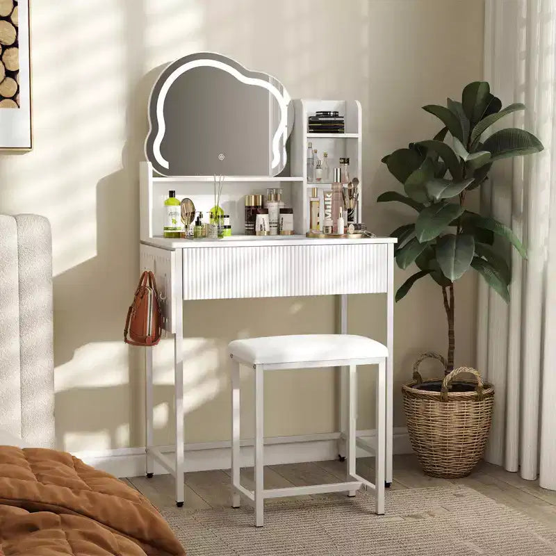Coiffeuse avec miroir lumineux LED et prise électrique, table de maquillage