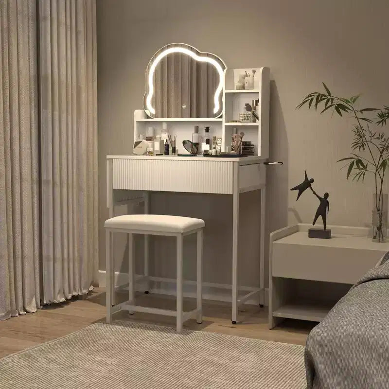 Coiffeuse avec miroir lumineux LED et prise électrique, table de maquillage