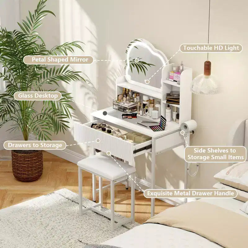 Coiffeuse avec miroir lumineux LED et prise électrique, table de maquillage