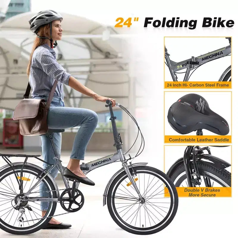 Vélo pliant de ville Whisen 24, vélos adultes avec Shimano 7 vitesses, cadre en acier