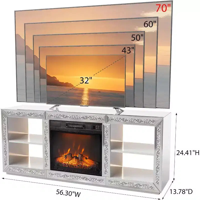 Meuble TV VINGLI avec cheminée électrique miroir 18'' pour téléviseur 70'', meuble de divertissement diamant avec étagères et lumières LED