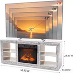 Meuble TV VINGLI avec cheminée électrique miroir 18'' pour téléviseur 70'', meuble de divertissement diamant avec étagères et lumières LED