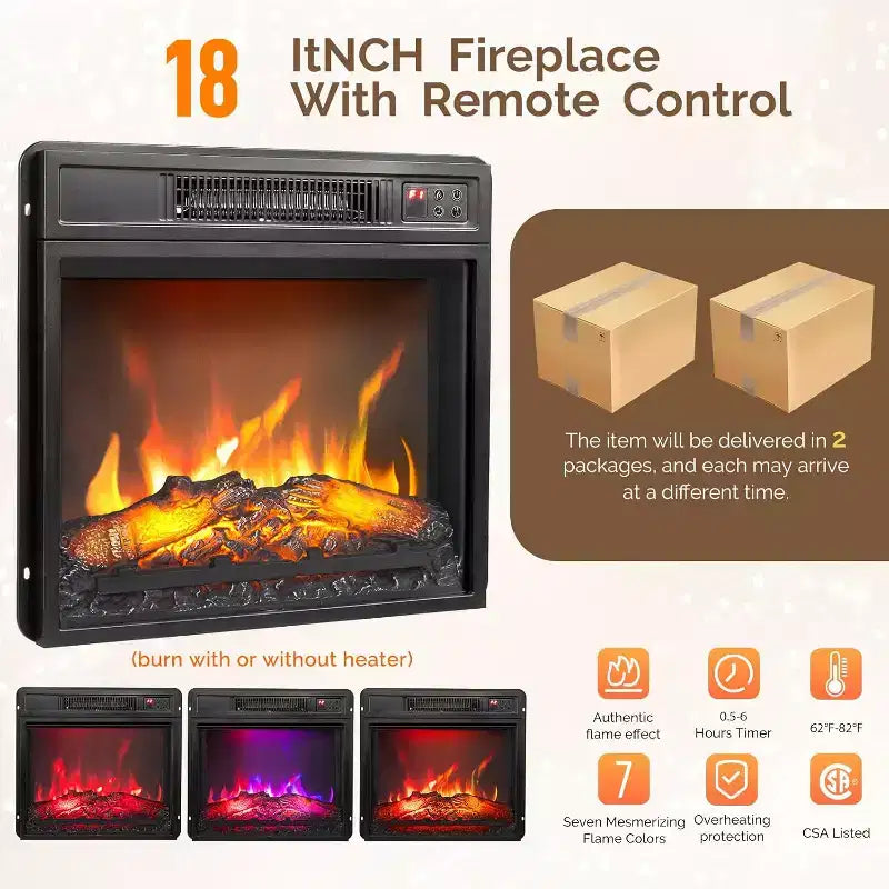 Meuble TV VINGLI avec cheminée électrique miroir 18'' pour téléviseur 70'', meuble de divertissement diamant avec étagères et lumières LED