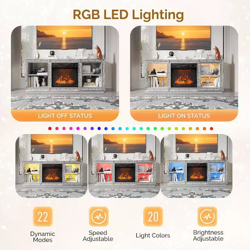 Meuble TV VINGLI avec cheminée électrique miroir 18'' pour téléviseur 70'', meuble de divertissement diamant avec étagères et lumières LED