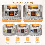Meuble TV VINGLI avec cheminée électrique miroir 18'' pour téléviseur 70'', meuble de divertissement diamant avec étagères et lumières LED