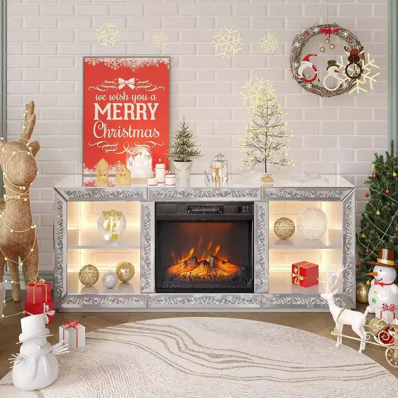 Meuble TV VINGLI avec cheminée électrique miroir 18'' pour téléviseur 70'', meuble de divertissement diamant avec étagères et lumières LED