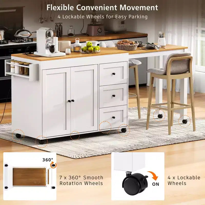 Îlot de cuisine Okak avec table extensible, îlot de cuisine avec rangement et prise de courant, chariot de cuisine roulant avec étagère à épices pour salle à manger
