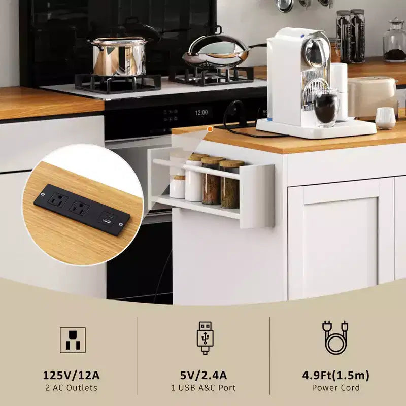 Îlot de cuisine Okak avec table extensible, îlot de cuisine avec rangement et prise de courant, chariot de cuisine roulant avec étagère à épices pour salle à manger