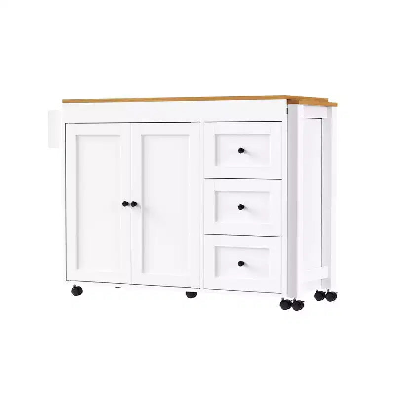 Îlot de cuisine Okak avec table extensible, îlot de cuisine avec rangement et prise de courant, chariot de cuisine roulant avec étagère à épices pour salle à manger