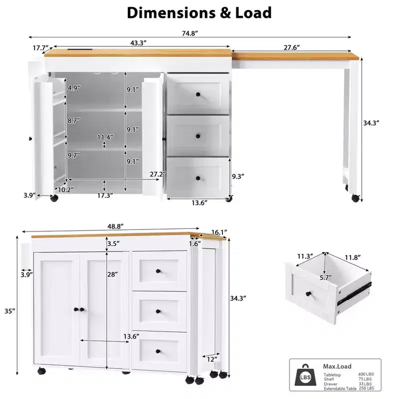 Îlot de cuisine Okak avec table extensible, îlot de cuisine avec rangement et prise de courant, chariot de cuisine roulant avec étagère à épices pour salle à manger