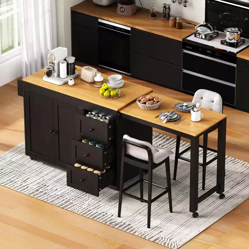 Îlot de cuisine Okak avec table extensible, îlot de cuisine avec rangement et prise de courant, chariot de cuisine roulant avec étagère à épices pour salle à manger