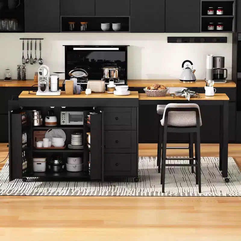 Îlot de cuisine Okak avec table extensible, îlot de cuisine avec rangement et prise de courant, chariot de cuisine roulant avec étagère à épices pour salle à manger