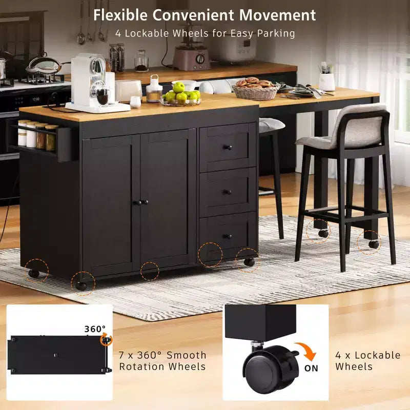 Îlot de cuisine Okak avec table extensible, îlot de cuisine avec rangement et prise de courant, chariot de cuisine roulant avec étagère à épices pour salle à manger