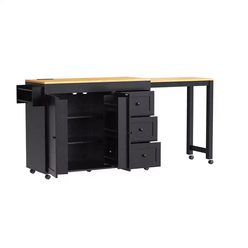 Îlot de cuisine Okak avec table extensible, îlot de cuisine avec rangement et prise de courant, chariot de cuisine roulant avec étagère à épices pour salle à manger